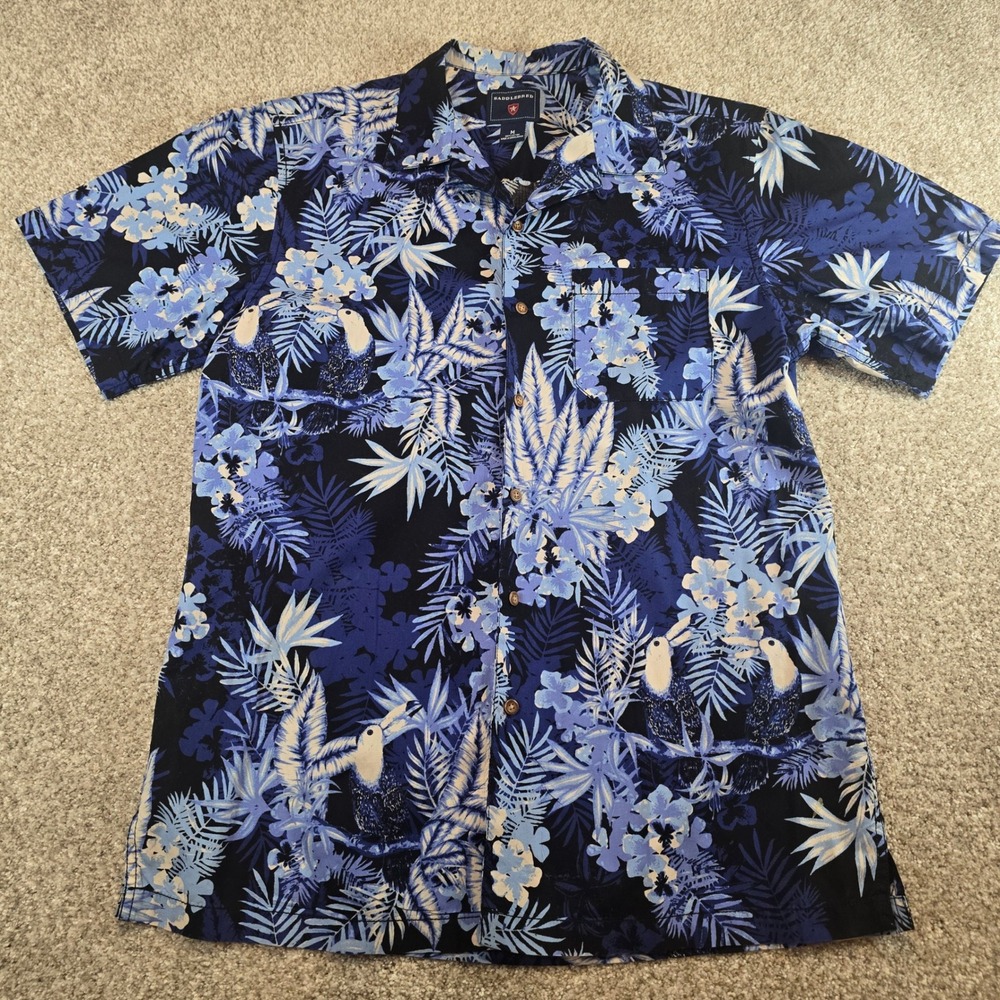 Saddlebred Mens Blue Toucan Tropical Floral Cotton Button Up Shirt Medium M
